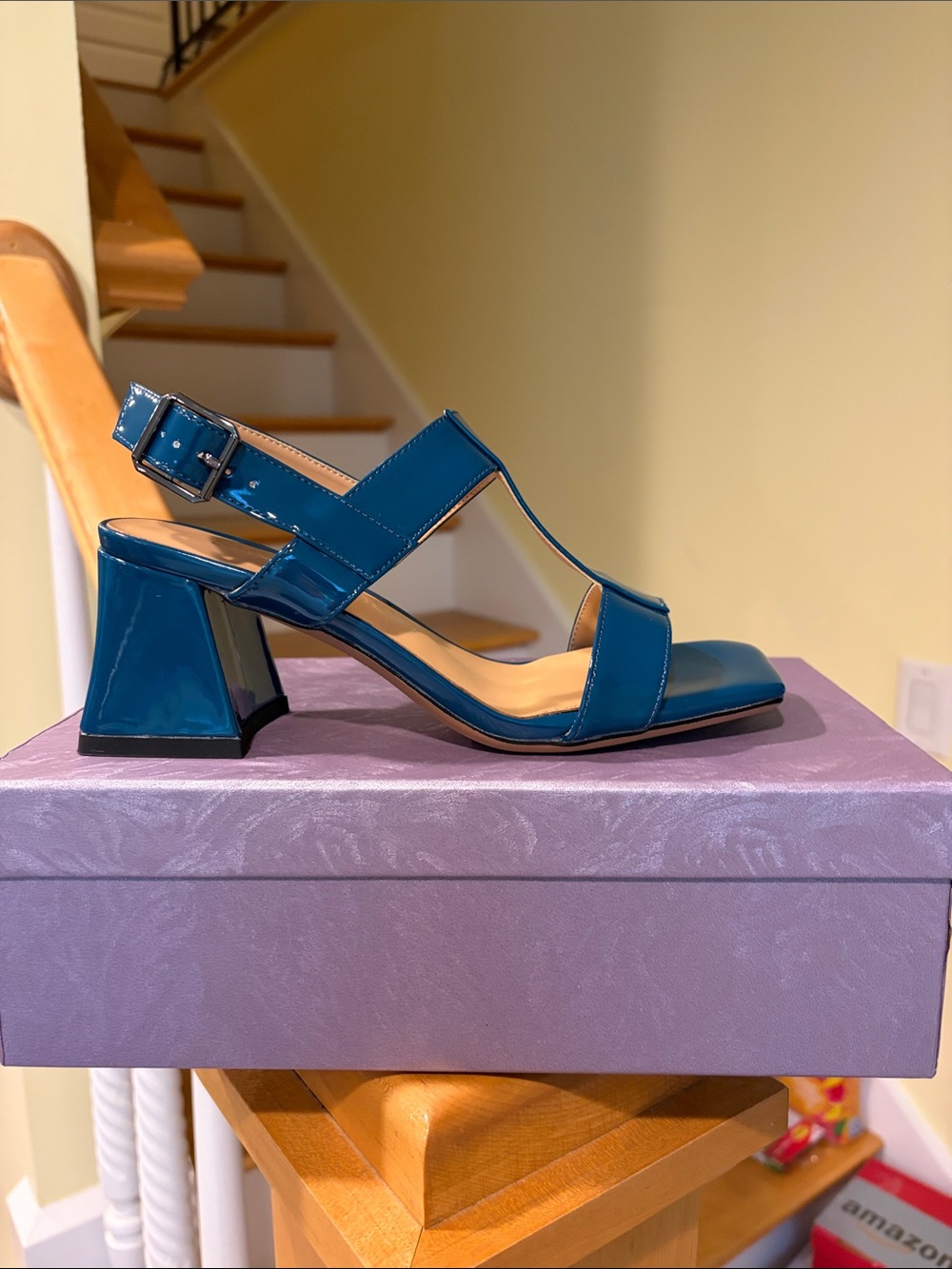 Patent Teal Slingback Block Heel Sandals - Women